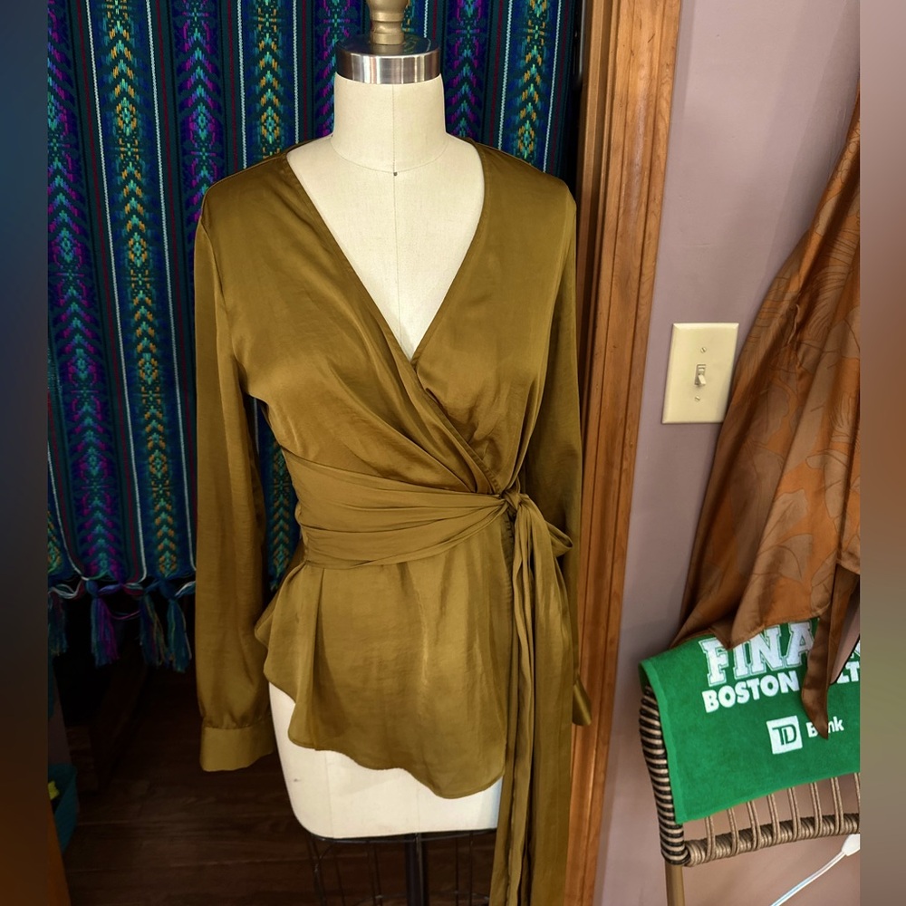 Anthropologie Moulinette Soeurs Long Sleeve Tie Wrap Blouse golden olive size 8